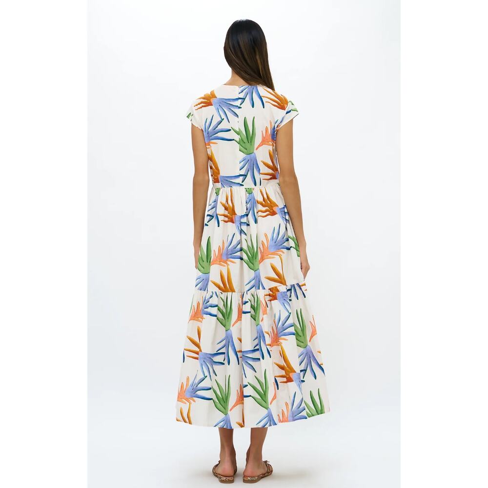OLIPHANT Tuckernuck Cap Sleeve Midi Dress Fortuna Green Palm Print Cotton S - Picture 3 of 10